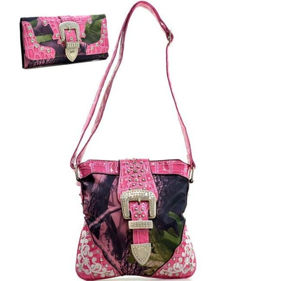 Gold Rush MG22WB109SET-PK - CAM Women Bling Rhinestone Buckle Messenger Bag Wallet Set with Croc Trim - Pink & Cam