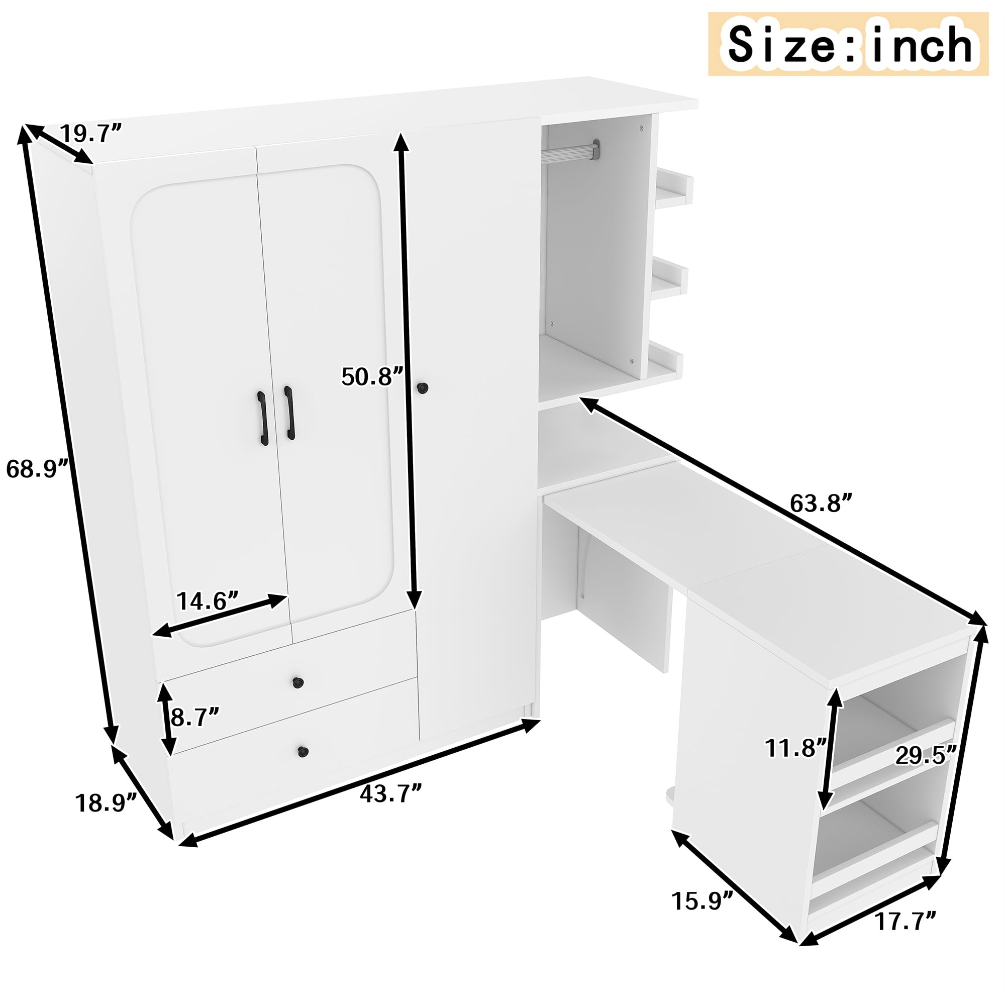 Mintazer Multifunctional Wardrobe Closet with Convertible Foldable Desk & Open Shelves, Clothes Storage Cabinet with Hanging Rod & Drawers for Bedroom Cloakroom Apartment, White