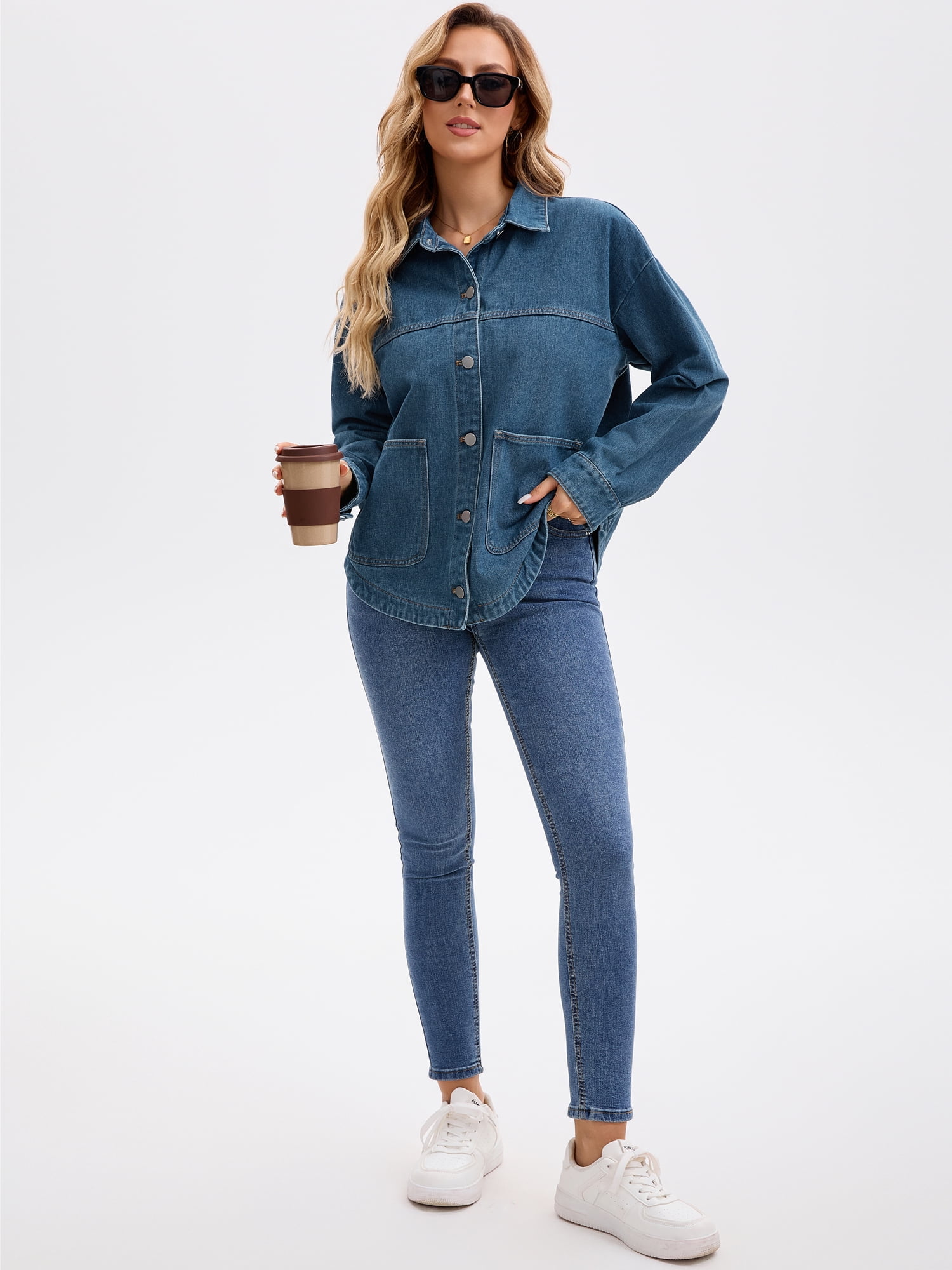 DARING DIVA Women's Long Sleeve Button Down Pockets Western Denim Jacket 2XL Dark Blue