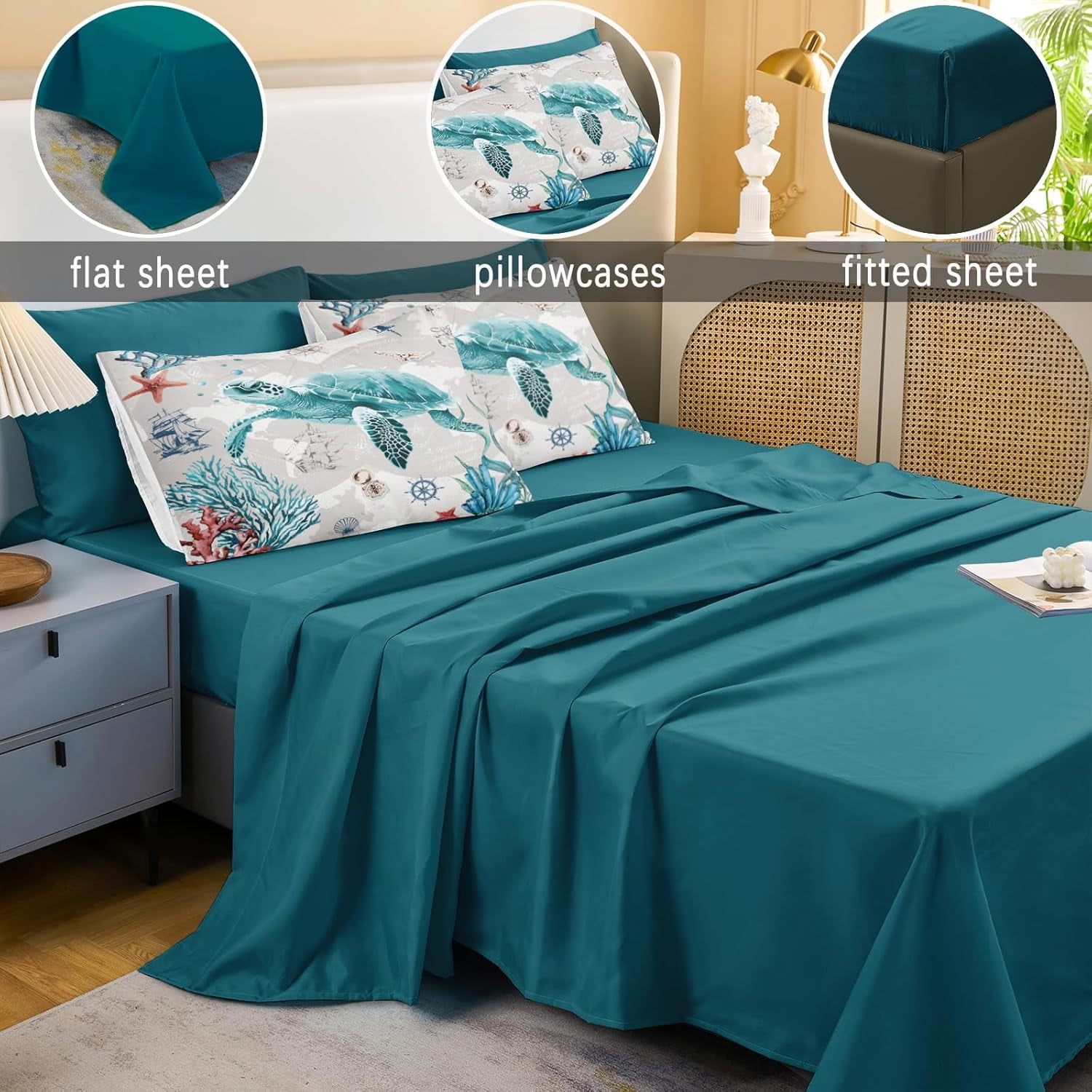 Nautical Bedding Set Turtle Comforter Set Queen/King Size Beach Comforter Set Soft Microfiber Sea Life Ocean Bedding Comforter Set Coastal Bedding Boys Girls Beach Theme Bedding Set 4 Pieces 1 Comfor