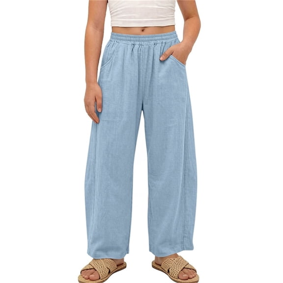 OGLCCG Girls Wide Leg Pants Elastic Waist Summer Beach Pants Kids Lightweight Cotton Boho Lounge Trousers with Pockets 1-15 Years