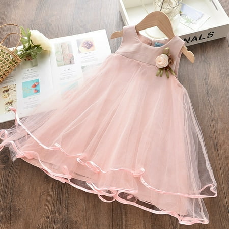 

kpoplk Baby Girl Dresses Baby Dress Tulle Princess Toddler Girls Party Dress Flowers Kids Sleeveless Solid Toddler Dresses(Pink)