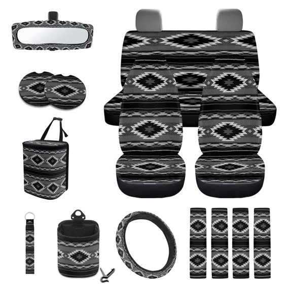 Renewold American Tribal Black 15 PCS Car Seat Cover Full Set, with Steering Wheel Seat Belt Strap Rear View Mirror Cover Trash Can Coaster Keychain Air Vent Storage Bag Car Decor Universal Fit