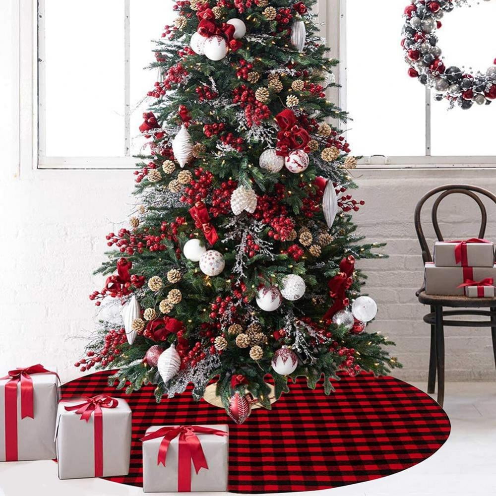 DEJU Embroidered Christmas Tree Skirt 36” Snowman Snowflake Red Plaid Border Holiday Decoration