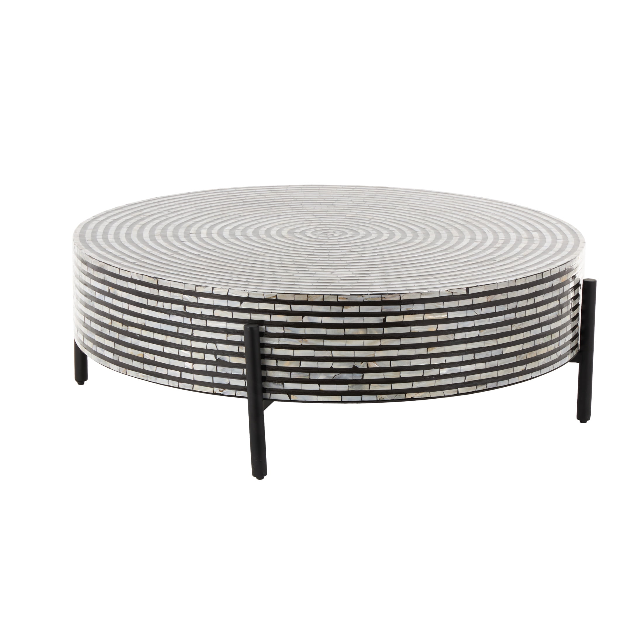 DecMode 38" x 12" Gray Mother of Pearl Shell Handmade Mosaic Inlay Geometric Coffee Table with Black Metal Legs, 1-Piece
