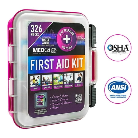 MEDca First Aid Kit - Emergency First Aid Kit and Medical Kit Exceeds ANSI Z308.1-2009 OSHA Standards, Hard Case, Wall Mount & Glows in The Dark for Offices, Home, Schools, Daycare, Construction