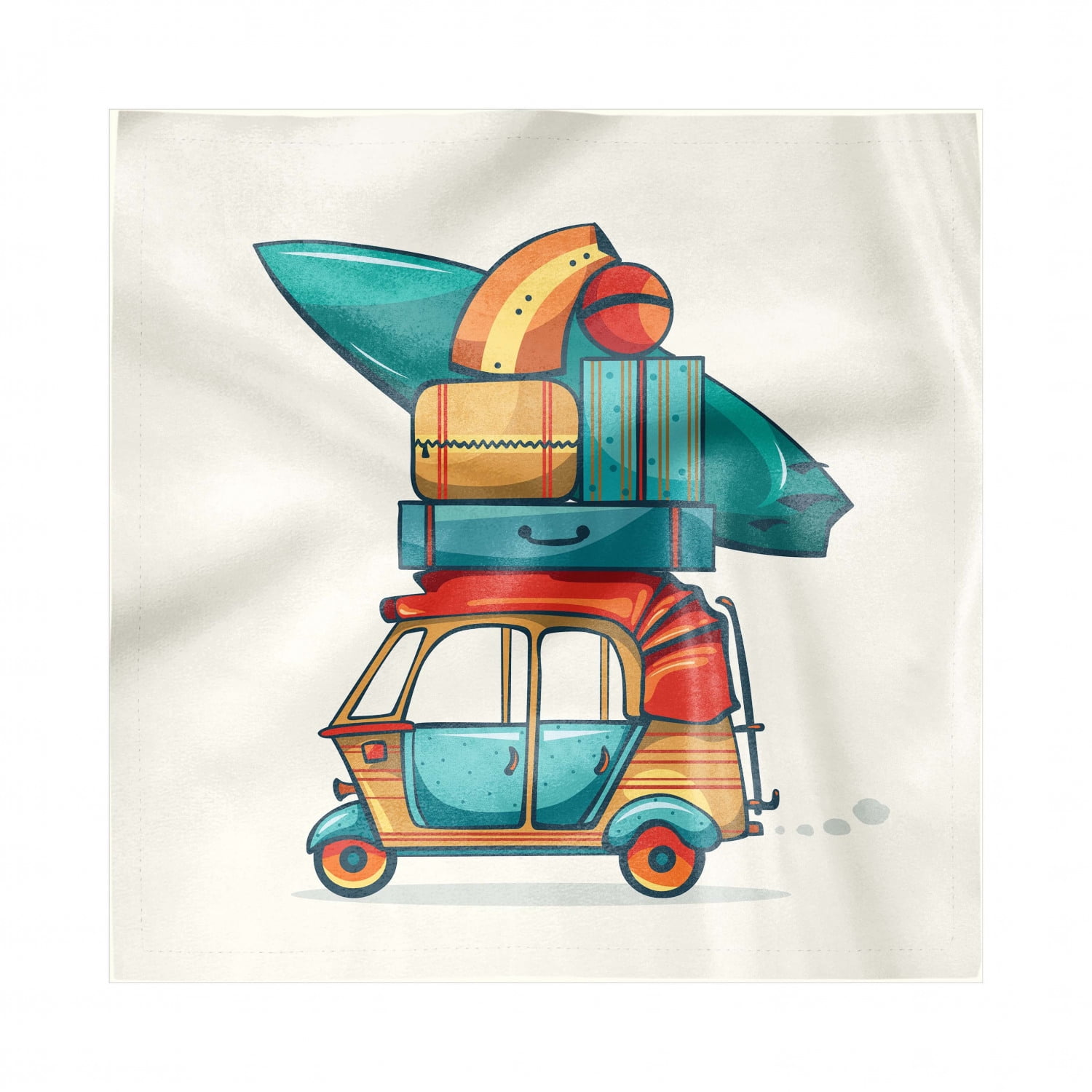 Vintage Car Napkins Set of 4, Cartoon Style Automobile Rickshaw with Summer Vacation Luggage and