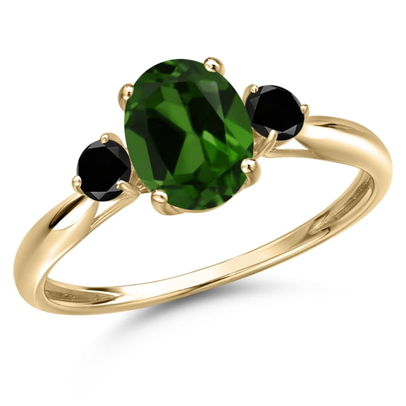 Gem Stone King 10K Yellow Gold Green Chrome Diopside and Black Diamond 3-Stone Ring for Women | 1.40 Cttw | Oval 8X6MM | Gemstone Birthstone | Size 9