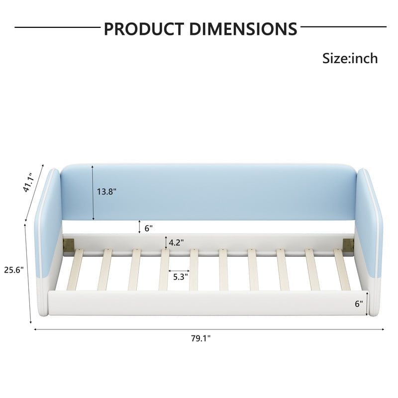Twin Size Kids Low Profile Platform Floor Bed with Headboard and Armrests, Velvet Upholstered Child Daybed Frame with Guardrail