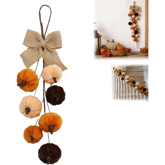 Fall Pumpkin Hanging Swag, Velvet Harvest Pumpkin Decor, Autumn Farmhouse, Thanksgiving Decorations for Front Door Kitchen Fireplace Home Indoor Outdoor