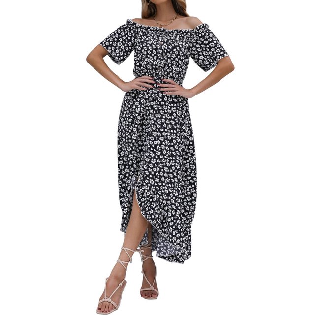 VISgogo Vestido de mujer, estampado floral, hombros descubiertos, manga corta, decoración de botones, dobladillo con volantes, vestido de blusón VISgogo moda