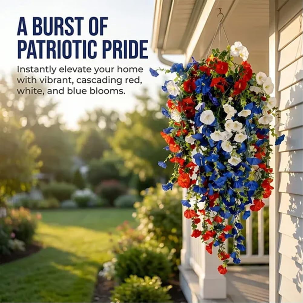 Patriotic Hanging Flower Baskets 2pcs Red White Blue Artificial Flowers Outdoor Fake Porch Trailing Flowers For 250th Anniversary Decor (2Pcs)
