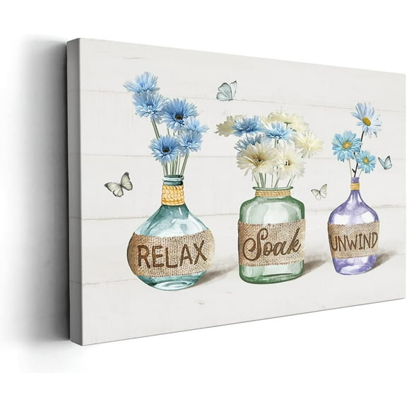 Bathroom Decor Wall Art Rustic Daisy Bathroom Poster Country Bathroom Relax Soak Unwind Pictures Print Painting Wall Décor for Bathroom Bedroom Framed Artwork 12x16 inch