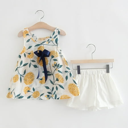 

Toddler Baby Kid Girls Print Bow Tops Vest Solid Shorts Pants Set Casual Outfits