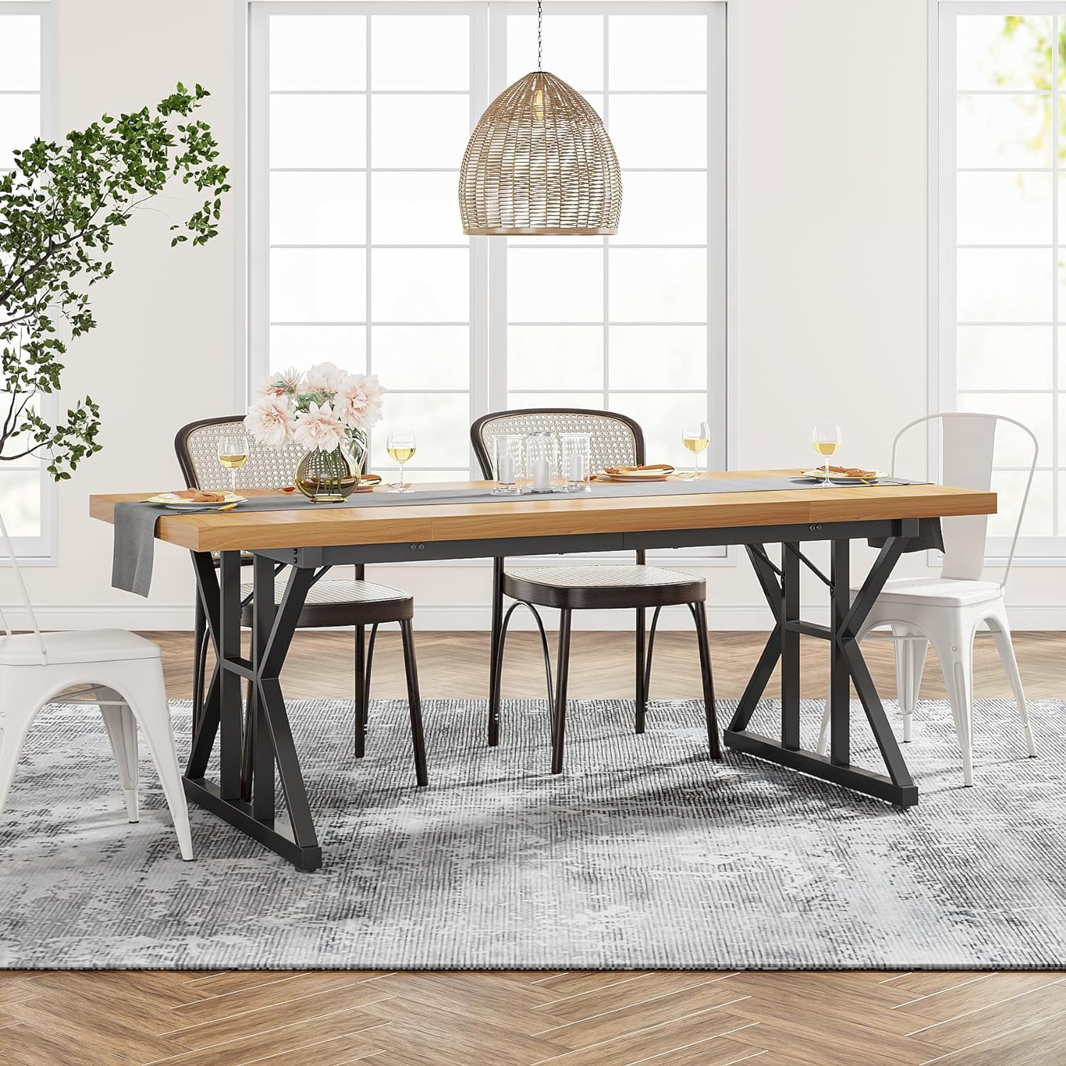 Tribesigns Farmhouse Dining Table for 6, 71" Rectangular Wood Kitchen Table (Light Walnut/Black)