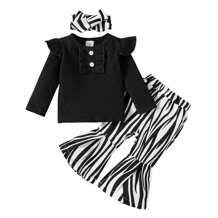 

TIREOW Classic Sets for Children Girl s Baby Girls Long Ruffled Sleeve Solid Ribbed Tops Striped Print Trousers Flares Pants with Headbands Outfit Autumn and Winter Set Clothes 3PCS