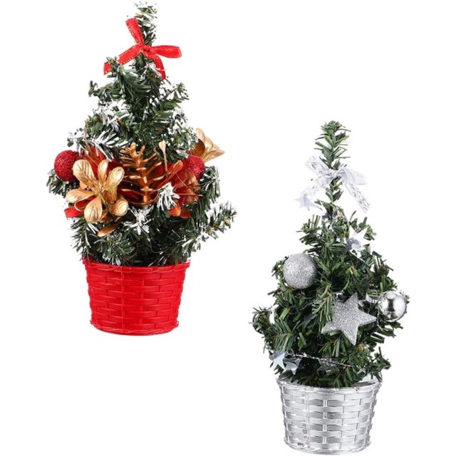 2 adornos de árbol de nieve, pequeños bonsáis de mesa, mini adornos navideños con lazo de sisal, para fiestas, decoración de Navidad para el hogar, casa de muñecas.