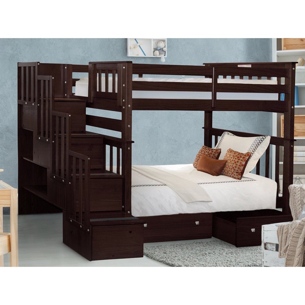 Bedz King Tall Stairway Bunk Beds Twin over Twin with 4 Drawers in the