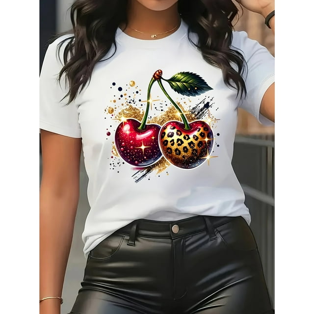 Chic Cherry Leopard Print T-Shirt for Women - Casual Crew Neck, Soft Cotton Blend, Machine Washable