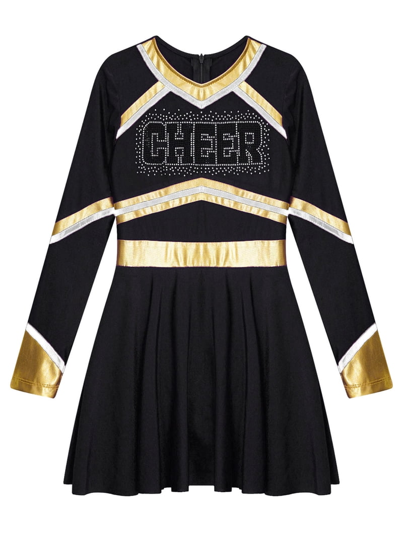 Yanarno Girls Kids Diamond Long Sleeve Dance Dresses Cheer Leader Cheerleading Team Uniform Fancy Black 16, Girl's
