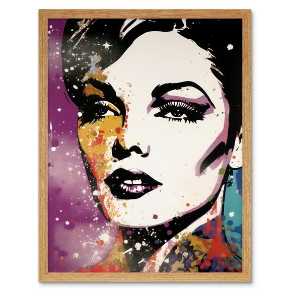 Female Glam Rock Glitter Sparkle Purple Gold Blue Red Linocut Portrait Teen Room Art Print Framed Poster Wall Decor 12x16 inch