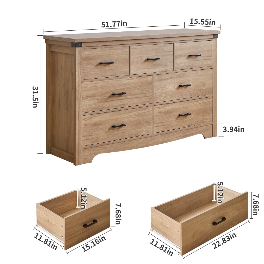 ABOURT Rustic Oak 7 Drawer Dresser for Bedroom, Farmhouse Wood Chest of Drawers with Metal Handles and Thickened Top for Closet and Living Room