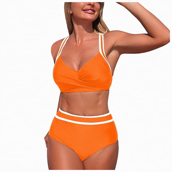 Duqingm Swimsuits Tops And Bottoms Women Two Piece Bathing Suits Push Up Bikini Set Halter Swimsuit Vintage Swimwear Orange,S
