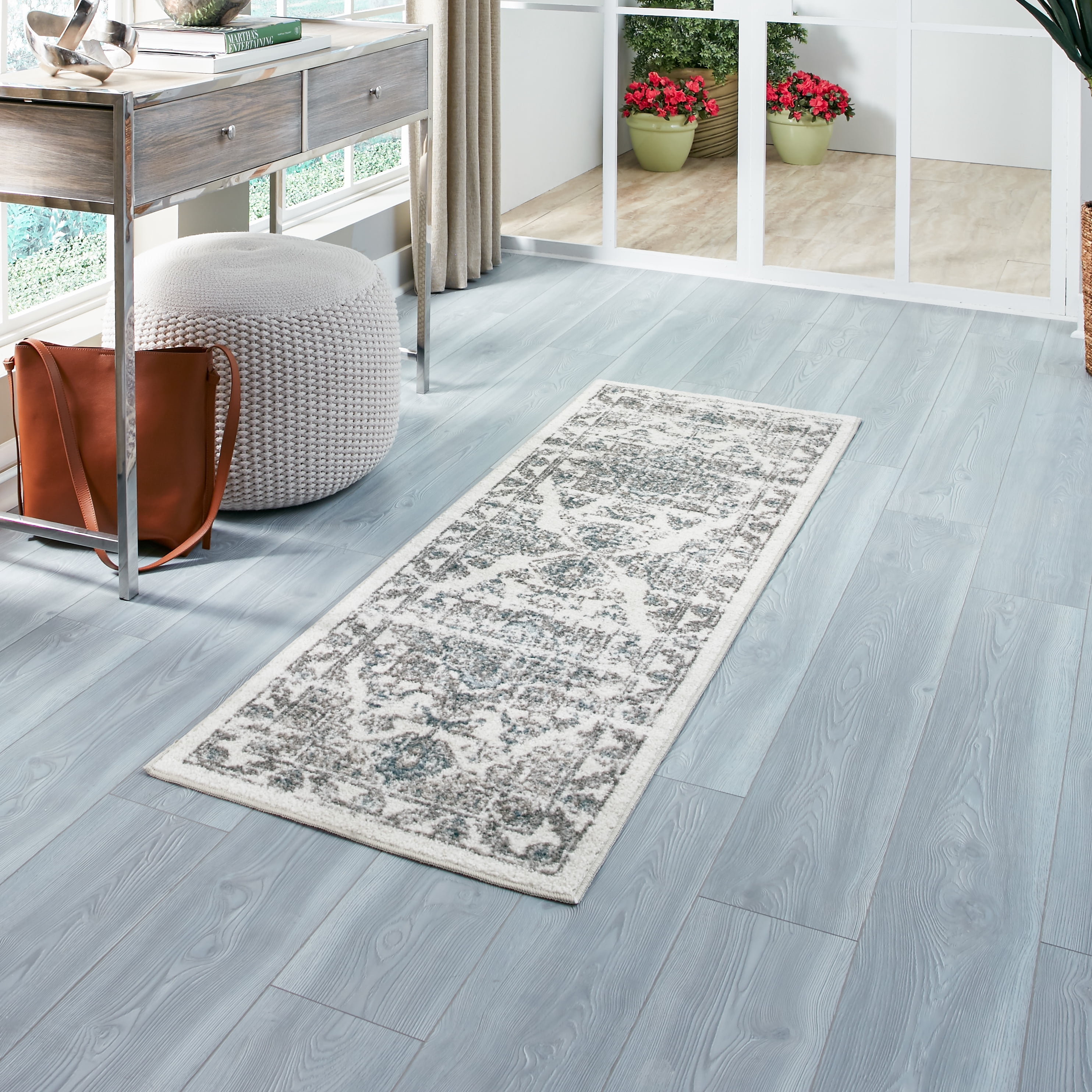 Maples Rugs Tapestry Farmhouse Medallion Taupe Grey Washable Hallway Runner Rug, 2' x 6'