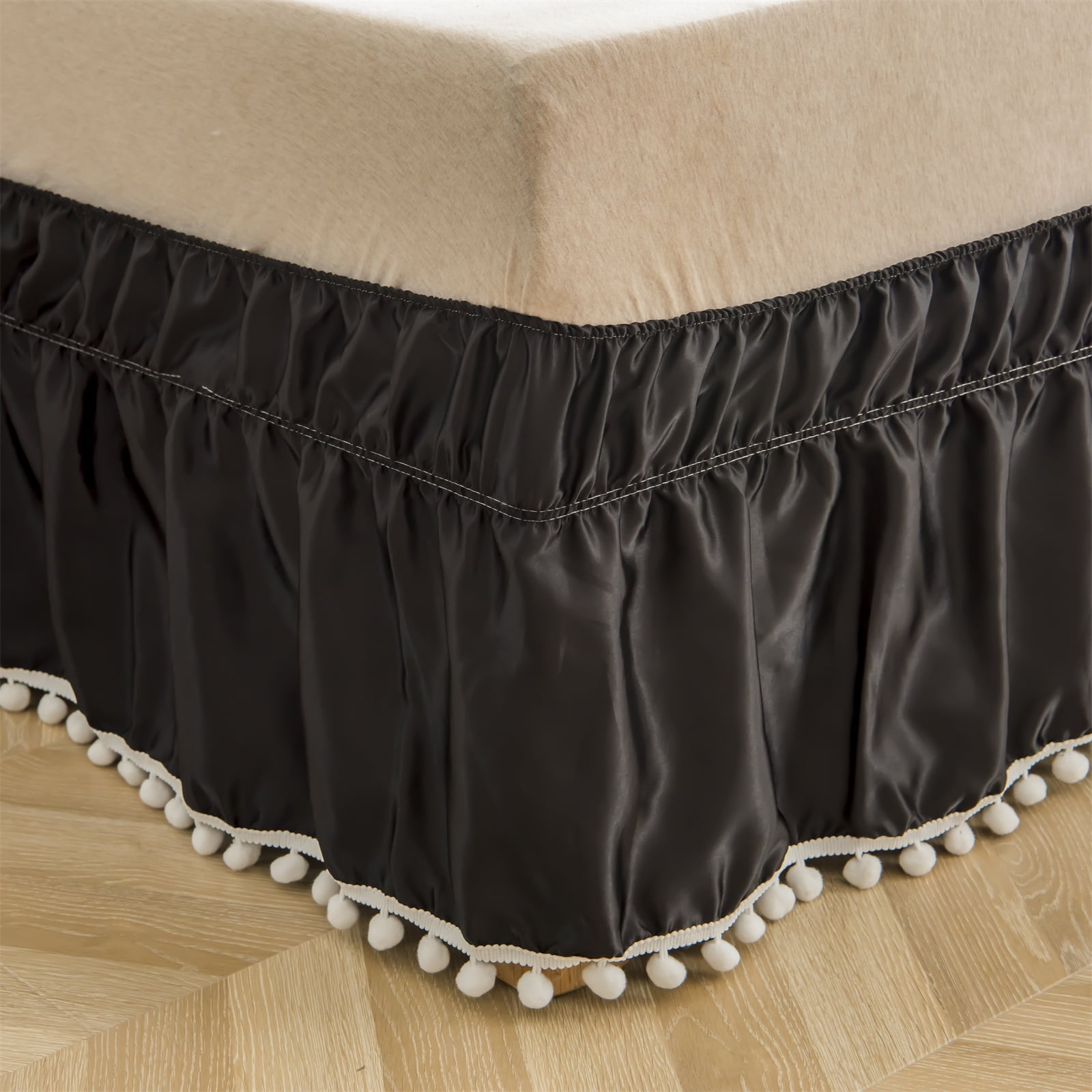 Move Over Black Bed Skirt with Pom Poms Satin Bed Skirt for Full 16