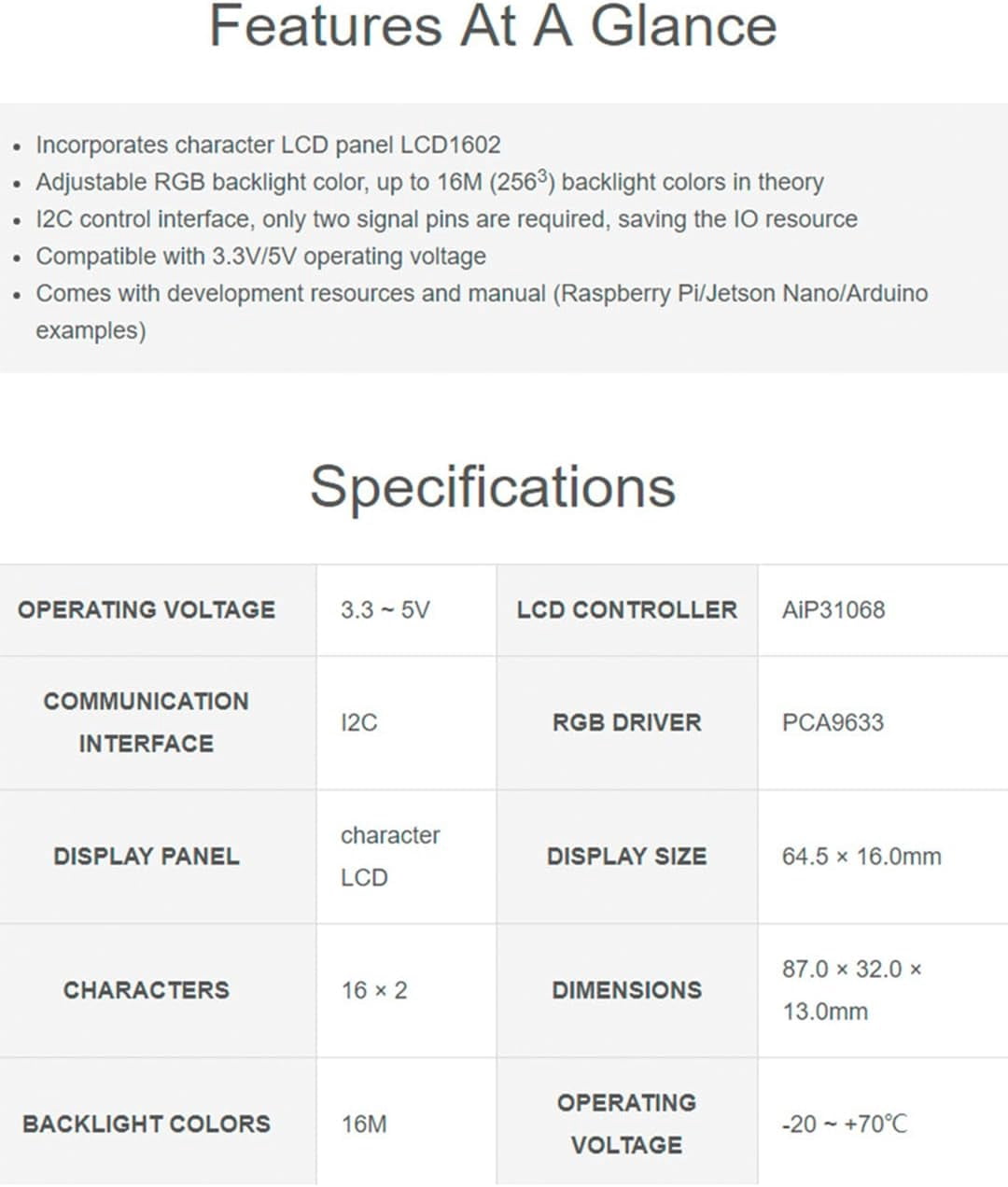 LCD1602 RGB Module 16x2 Characters LCD, Adjustable RGB Backlight Color, 16M Backlight Colors 3.3V/5V Operating Voltage, I2C Bus for /Pi Pico/for Arduino/Jetson Nano Developer Kit