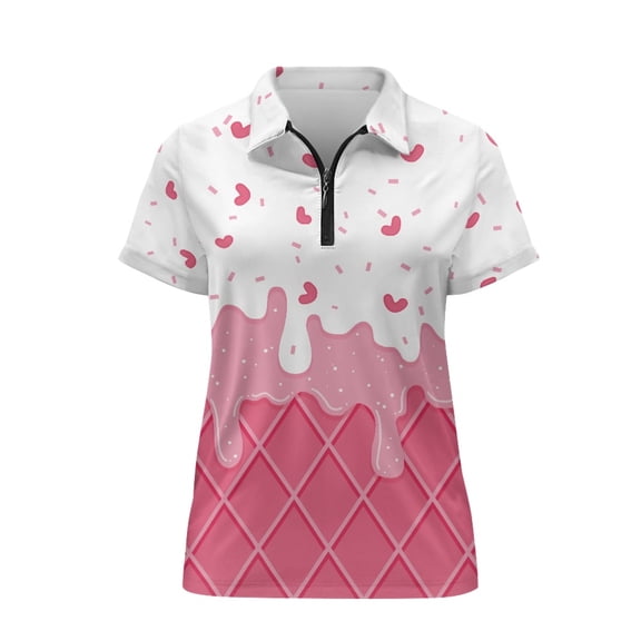 CHAQLIN Moisture Wicking Polo Shirts, Pink Hearts Polyester Breathable Lightweight Women Zip Golf Shirts for Tennis Outdoor Sport