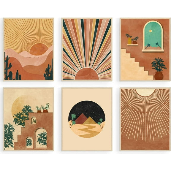Boho Wall Art Prints Set of 6, Mid-Century Modern Prints, Neutral Geometric Boho Wall Decor Sun Moon Palm Leaf Mountain Orange Beige Canvas Artwork, Minimalist Boho Posters for Bedroom Living Room