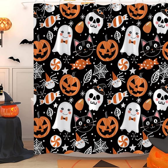 Happy Halloween Shower Curtain Cute Cartoon Pumpkin Spooky Ghost Orange Pumpkin Head Icons Funny Black Cat Spider‘s Web Skull Skeleton Witch Hat Fabric Bath Curtain Set with Hook