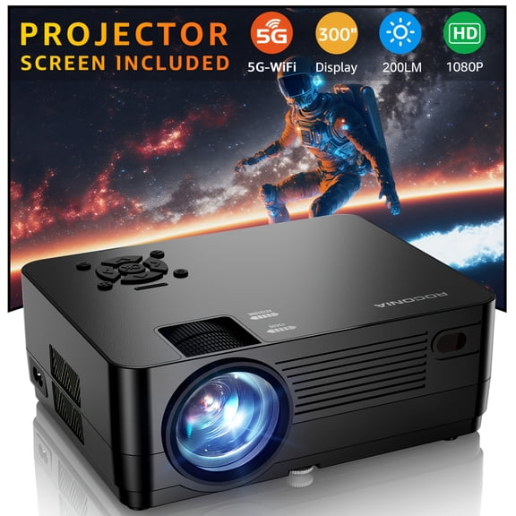 5G WiFi 1080P Projector w/Screen, 200LM Full HD Home Theater, 300" Display, 4K Supported, Compatible w/iOS/Android/Xbox/PS4/HDTV
