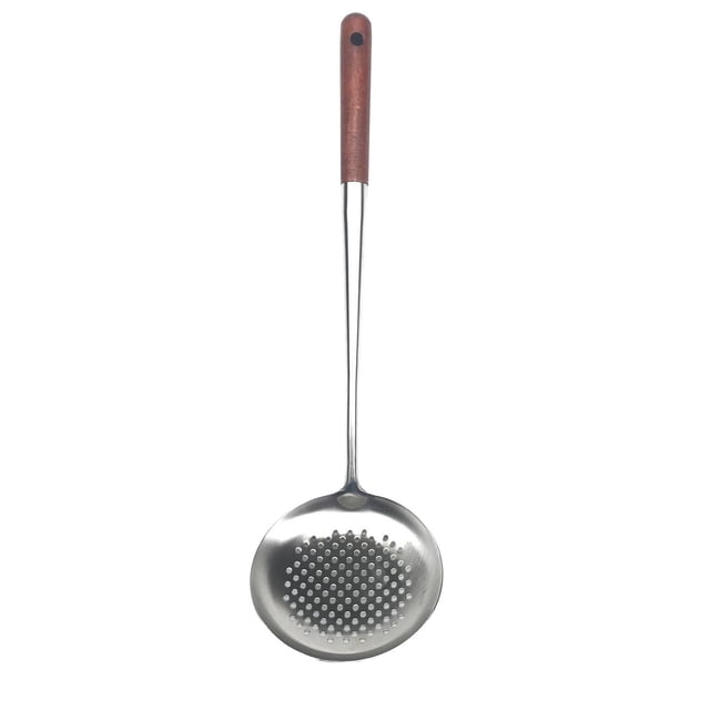 Long Wooden Handle Stainless Spatula Spoon Set Kitchen Utensils for Home Frying Pans Cookware Heat Resistant Ergonomic Grip Hanging Loop 430 Stainless Steel, A Cooking Utensil