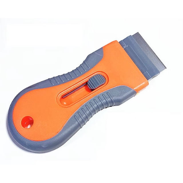 juego de espátula de vidrio pequeña retráctil con mango de plástico naranja, herramientas de suministros de hardware, 10 cuchillas 3/4 frontal de espátula compacta con cuerpo naranja y detalles grises, deslizador retráctil central y hoja metálica visible sobre fondo blanco; adecuada para raspar vidrio y residuos, y frecuentemente usada para limpiar burletes.
