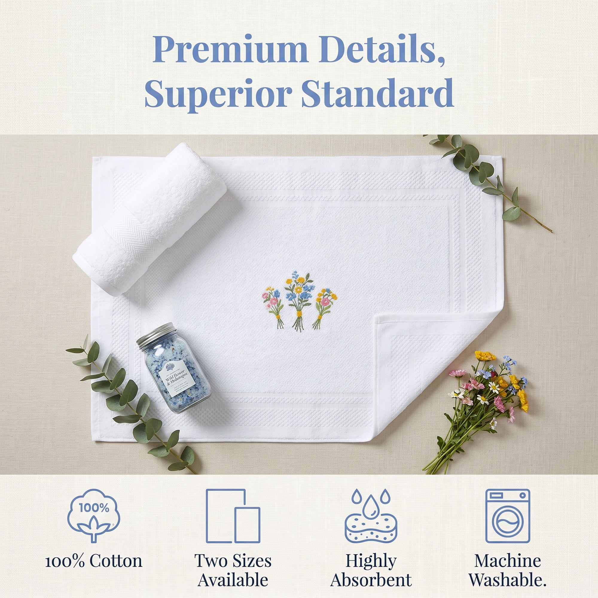 Unique Bargains Cotton Bathroom Absorbent Flower Embroidered Washable Mat White 24"x16"