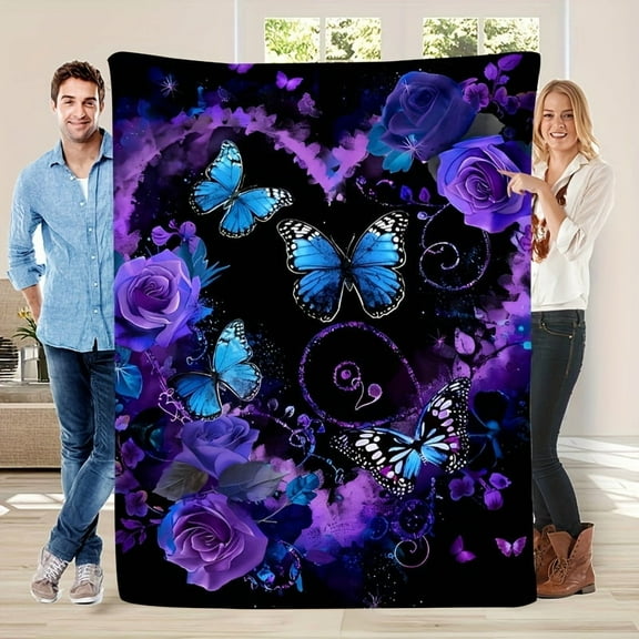Soft & Warm Plush Blanket - Vintage-Inspired with Purple Roses, Heart Garland & Blue Butterfly - Perfect for Living Room, Bedroom, Travel & Camping