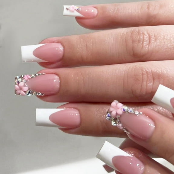 24Pcs French Square Press On Nails With Rhinestones And Floral Decoration Full Coverage Acrylic Tips For Women