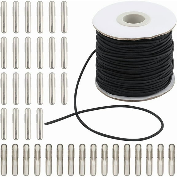 43.74 Yards x 2mm Elastic Barbed Cords Black Stretch Round String Loop with Metal Barbs Crimp Ends Fastener Hat Chin Cord Strap for Party DIY Crafting Menus Badges Signs Book Binding