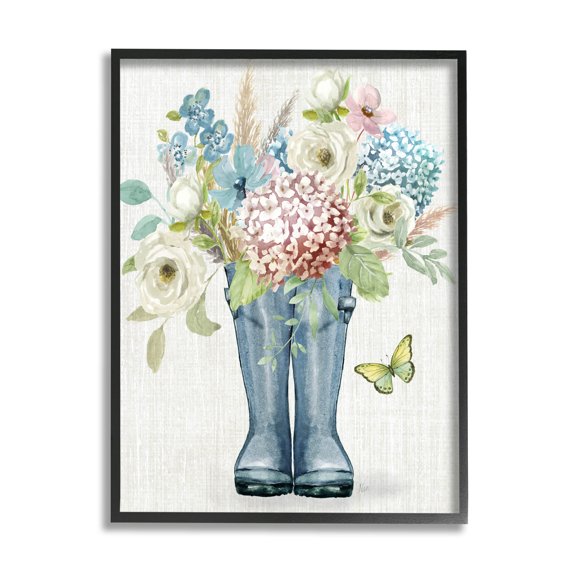 Rain Boots Flower Bouquet Botanical & Floral Graphic Art Black Framed Art Print Wall Art