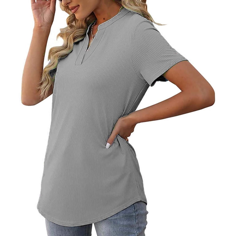 Women's V-Neck Short Sleeve Tunic Top – Loose Fit Casual Blouse, Solid Color Basic Tee