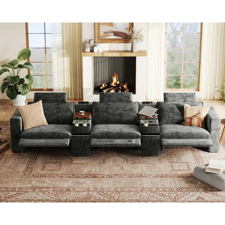 BEDEEP 152.4'' Power Recliner Sofa with Headrest Console, Modular Cloud Sectional Chenille Reclining Couch with Storage Ottoman Chaise, Convertible 3-Seater Sofa Couch for Living Room RV, Black