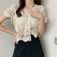 thumbnail image 2 of Women Summer French Style Short Sleeve Lace Shrug Hollow Out Crochet Knit Bolero Cardigan V-Neck Button Down Sheer Crop Top Jacket Beachwear, 2 of 9