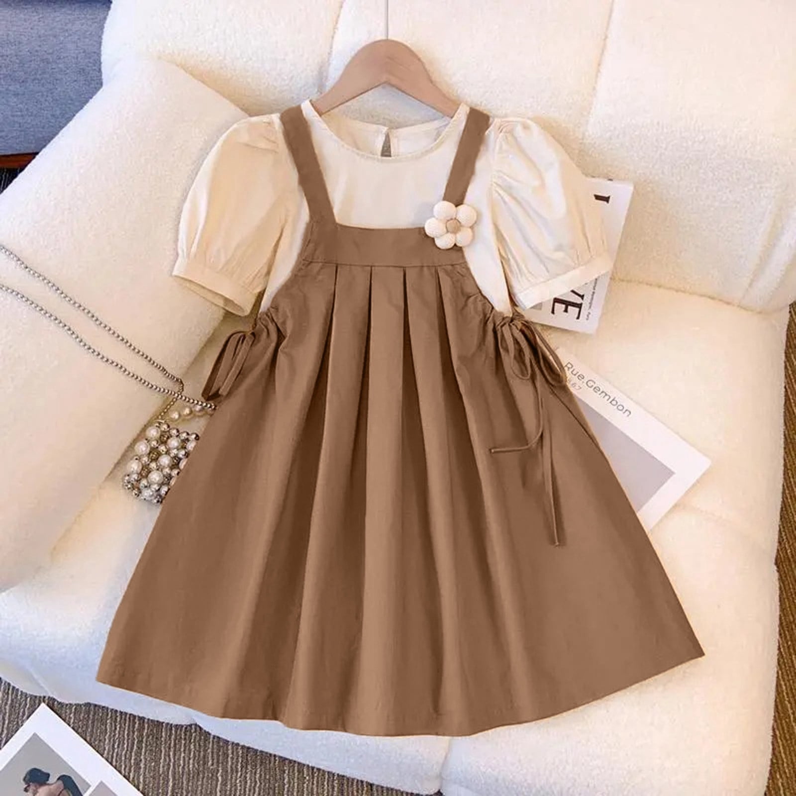 Fall Outfits Girls Kids Dress Outfits Short Sleeve Tops Suspender Skirt Set 2Pcs Baby Fall Clothes Khaki 8 Years-9 Years
