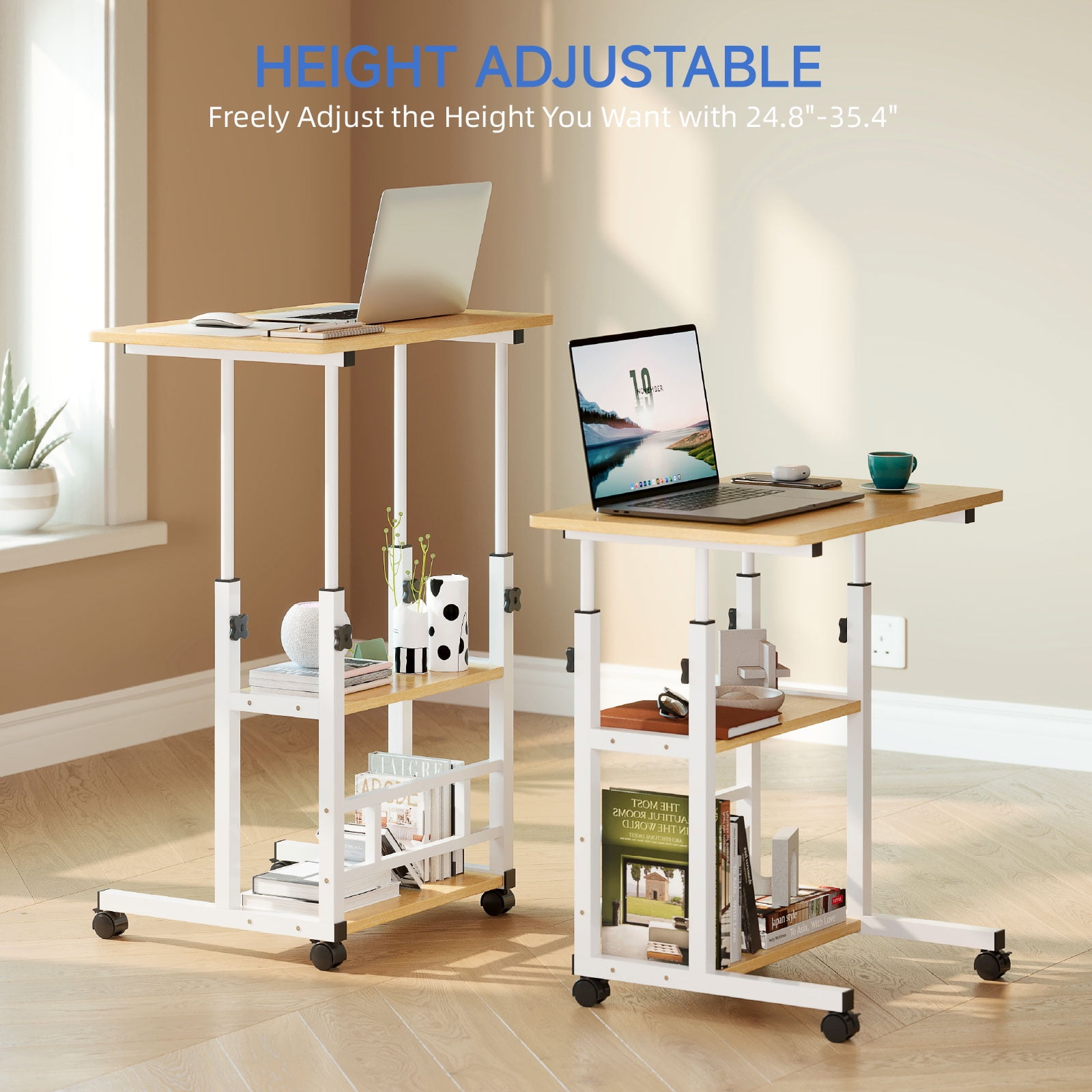 Furnibear Portable Rolling Desk on Wheels, Height Adjustable Desk with 2 Tier Storage Shelves, Standing Table for Office, Natural Color