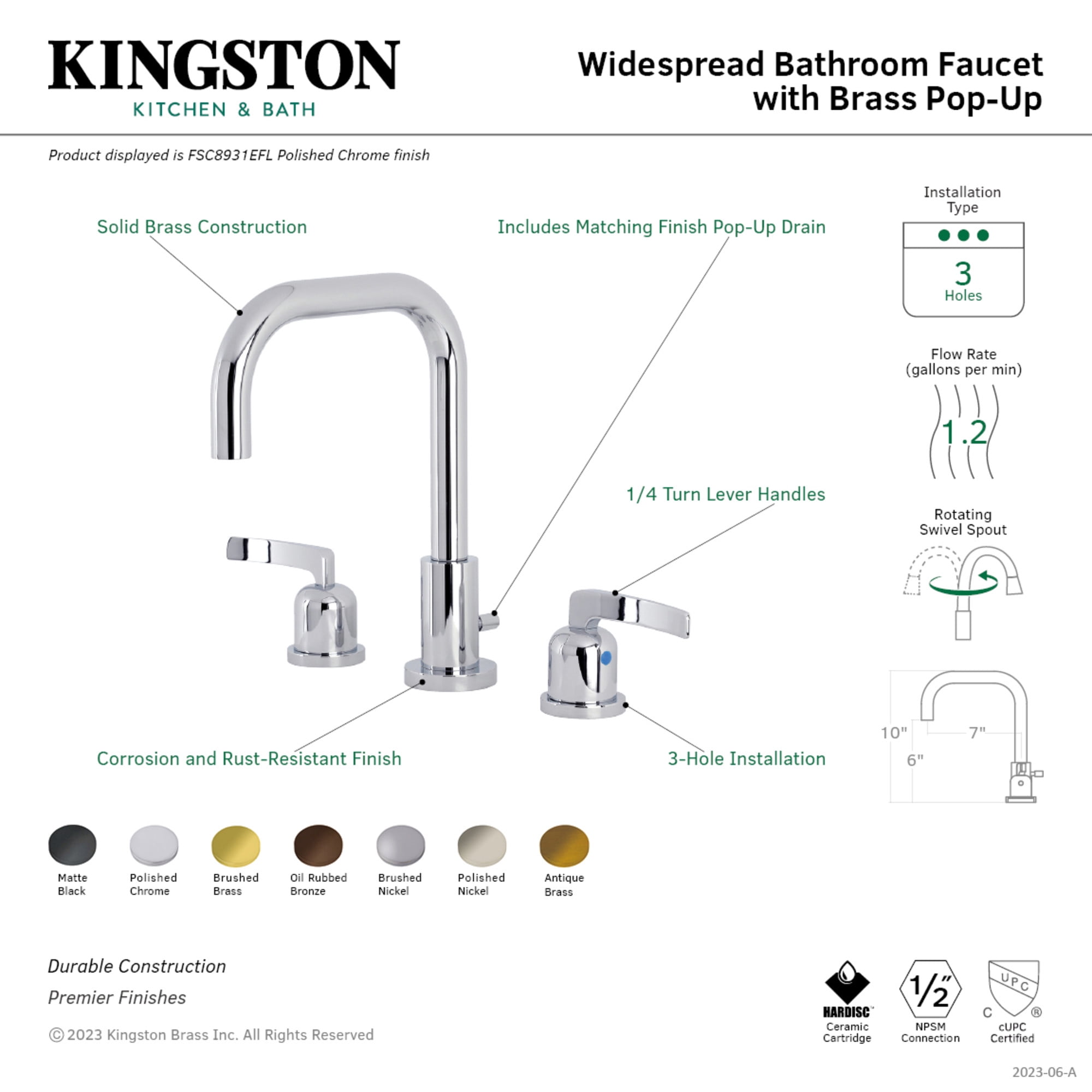 Kingston Brass FSC8939EFL Centurion Two-Handle 3-Hole Deck Mount Widespread Bathroom Faucet with Brass Pop-Up in Polished Nickel