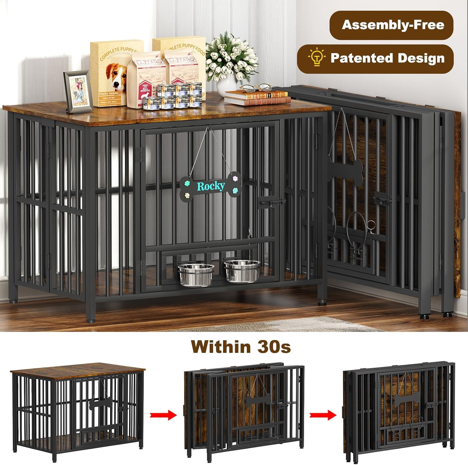 POAO 41" Dog Crate Furniture Foldable, No Assembly Decorative Dog Kennel Indoor, Dog Crates for Large Dogs(40-65 lb), Wooden Dog Cage with Adjustable Bowls and Name Tag, End Table, Rustic Brown