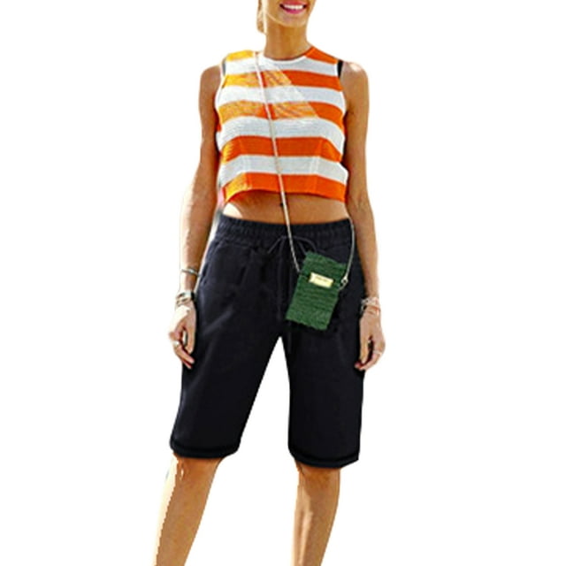 Women Drawstring Elastic Waist Knee-Length Curling Bermuda Shorts Summer Beach Hot Short Pants Holiday Ladies Plain Pockets Shorts