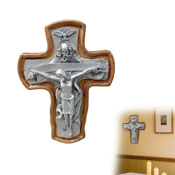 Holy Trinity Crucifix Wall Decor, Silver Finish Synthetic Resin Christ on Cross & Dove Figurine, Religious Catholic Home Altar Decoration, Devotional Gift, 7.95 Inch Tall